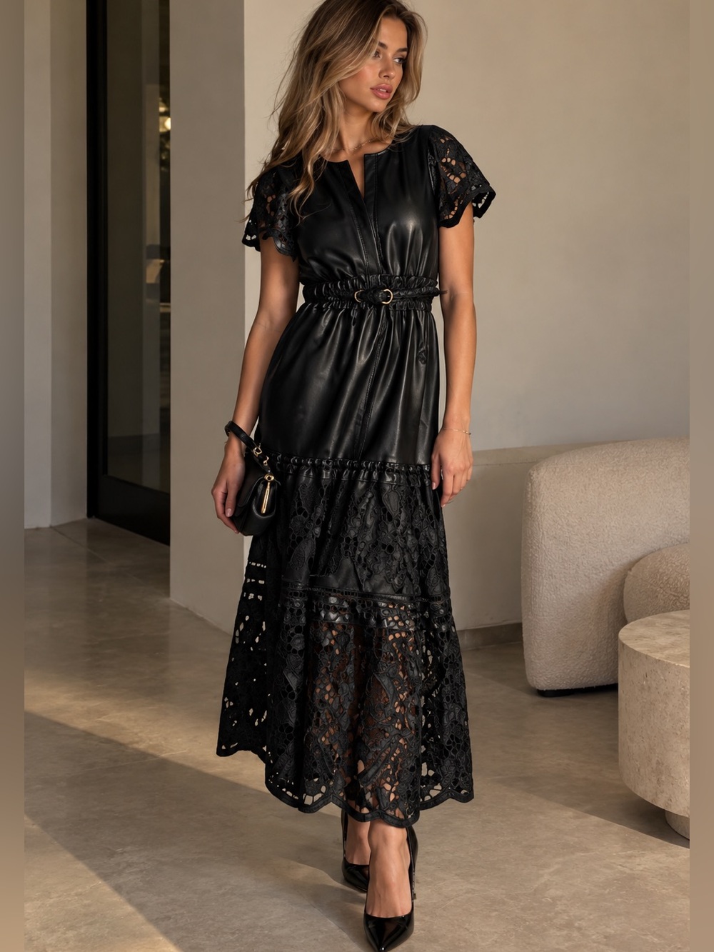 NWT Anthropologie The Somerset Edgy Faux  Leather Embroidered Cutwork Maxi Dres